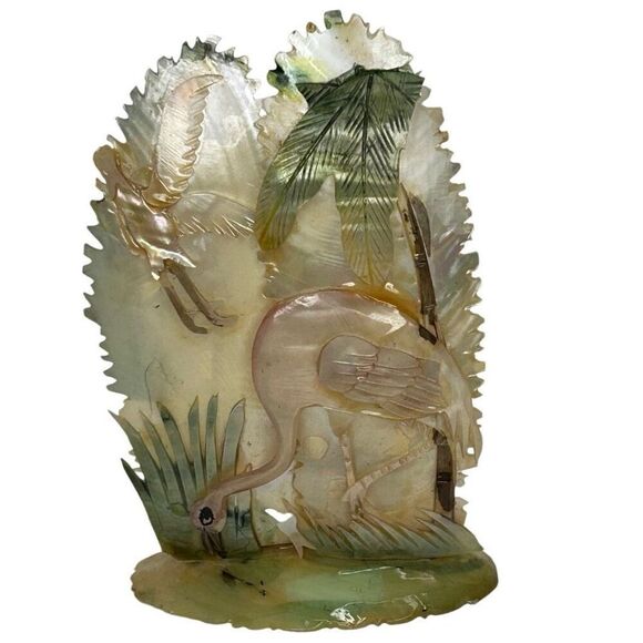 NWT Handcarved Tourist Mother Of Pearl Flamingo Deco Shell Art Multicolor Signed - Picture 12 of 14